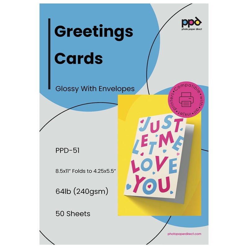 PPD Greeting Card Paper, Printable Greeting Cards With Envelopes for Inkjet Printer, 8.5 x 11 Blank Half Fold to 5.5 x 8.5 Custom Cards for Birthday, Wedding, Invitations, Thank You Note (50 Sheets) - Image 1